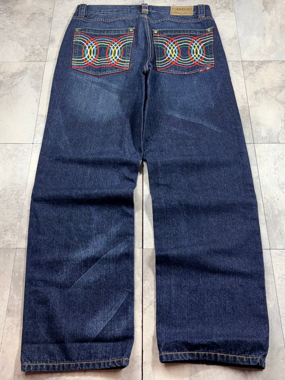 Coogi Baggy Jeans Men's 36x34 Dark Indigo Rainbow Swirl Embroidered Y2K